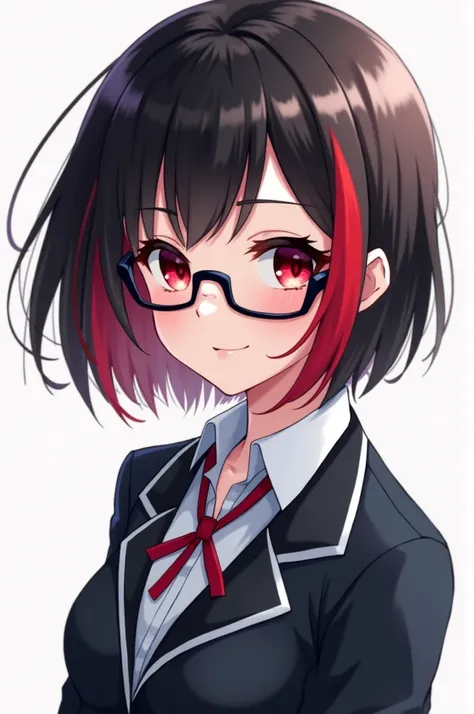 She is a pretty anime girl, she has red eyes, short black hair with red streaks, dark glasses and a jacket with a high school uniform. 