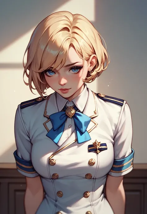 A beautiful girl with short hair wearing a uniform