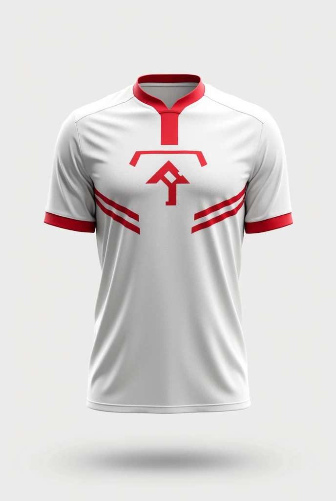 A white football shirt with red details on the collar, stripes with a red symbol in the middle of the chest, bringing a unique feature 