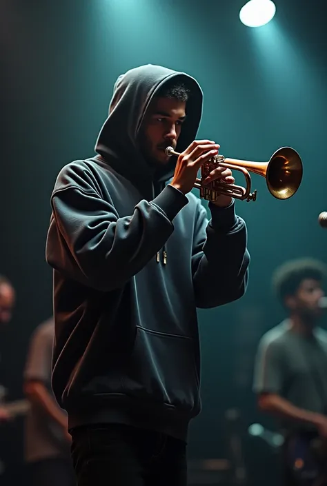 Un rappeur avec un sweat à capuche qui joue de la trompette