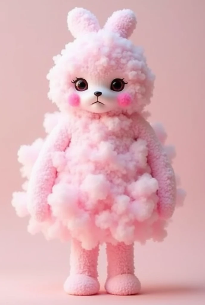 
‏"Imagine a girl shaped like pink cotton candy, with clearly defined arms and legs. The cotton candy texture should look fluffy and soft, resembling the real candy. Her body should maintain a human form while being entirely made of cotton candy. She stand...