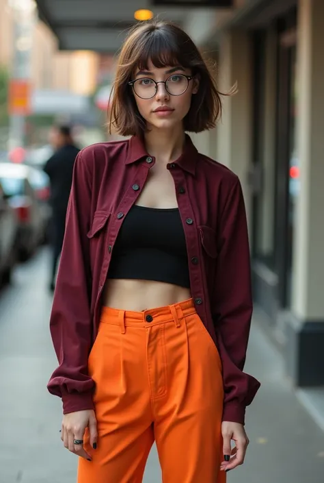 short brown hair, with round prescription glasses. Wearing a dark red long-sleeved blouse underneath a black crop top and wearing orange pants and wearing black mid-calf converse