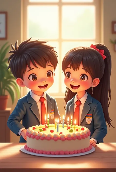 A birthday cake next to a girl and a boy in uniform