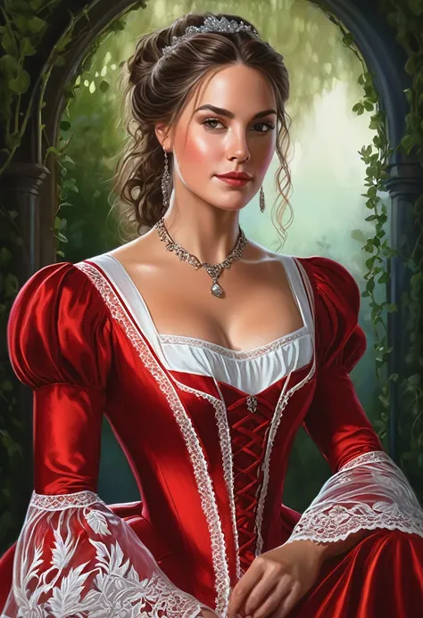 painting of a woman in a red dress with a white lace trim, fantasy genre portrait, fantasy portrait, fantasy art portrait, fantasy portrait art, magali villeneuve, renaissance digital painting, inspired by Magali Villeneuve, realistic fantasy painting, det...