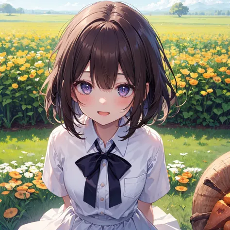 (Best Quality、8k、masterpiece))、((One girl))、((cute))、A big smile、Blushing、Mouth open、Brown Hair、Short Bob Hair、Ultra detailed face、Ultra-detailed eyes、Ultra detailed hair、Short sleeve collared shirt、Purple bow tie、White Skirt、((sweet potato))、field