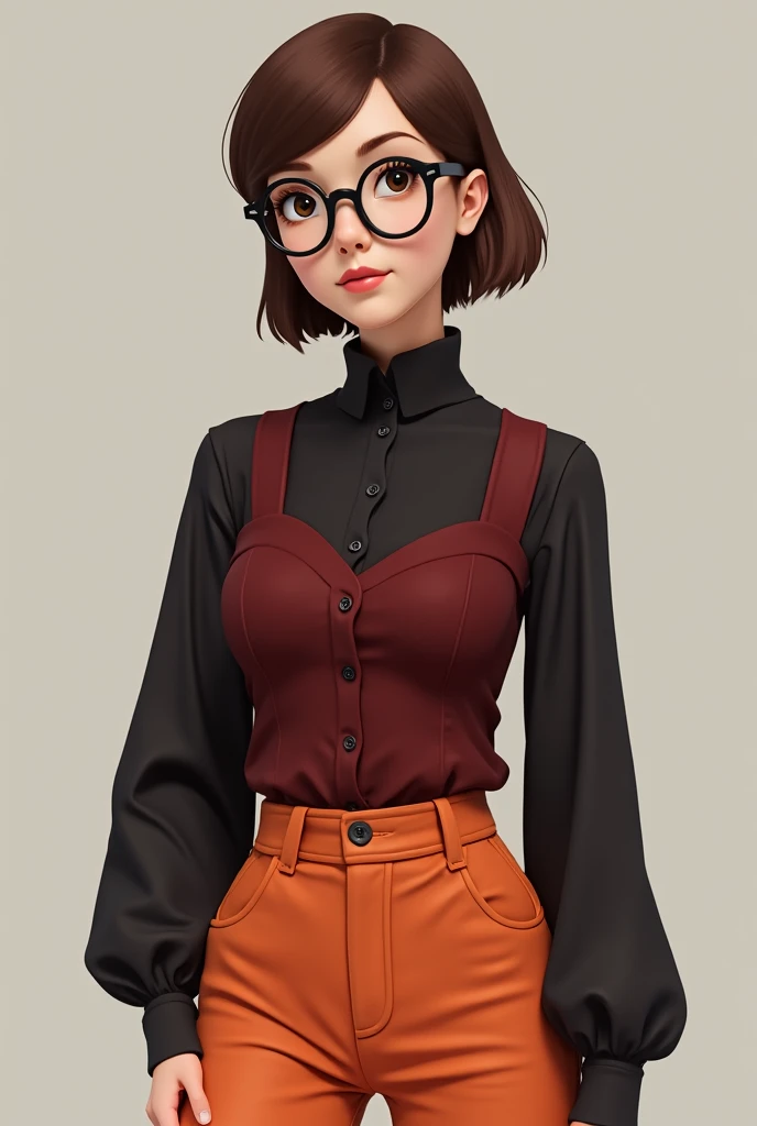 short brown hair, with round prescription glasses. Wearing a dark red long sleeved blouse underneath a black blouse and wearing orange pants and wearing black mid-calf converse