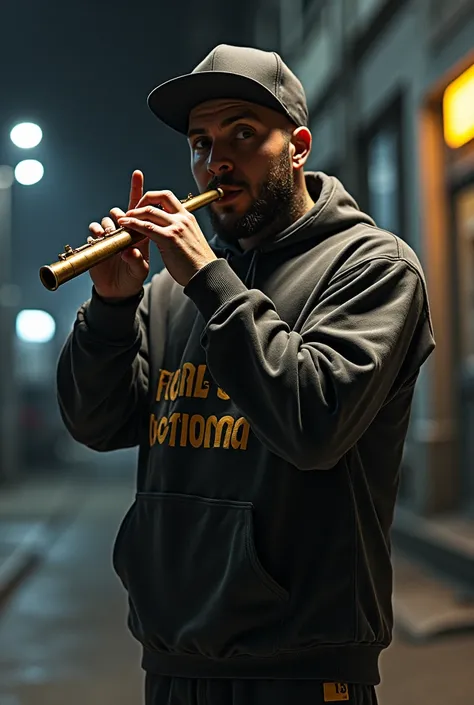 Un rappeur en survêtement et avec un casquette qui joue de la flûte piccolo