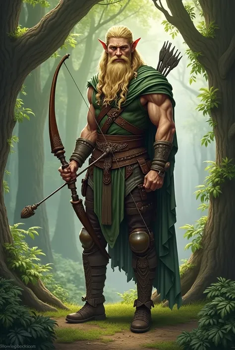 male elf 
, rubio, thirty years old and with a beard, with a bow and strong