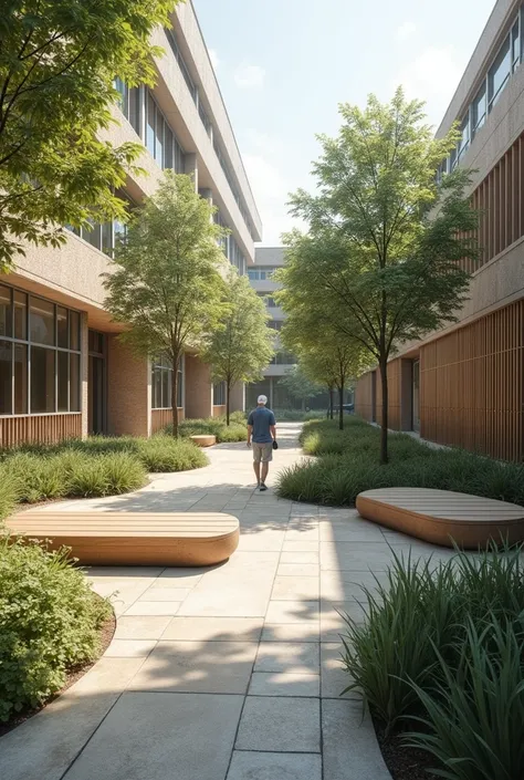 Give me an example of an outdoor space design aligned with sustainability principles, accessibility and offer experiences that complement the activities that take place between the university buildings, with a small space. This approach should facilitate t...