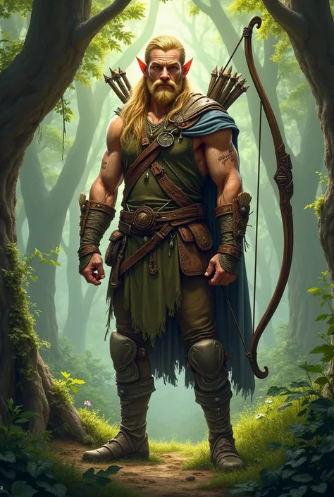 male elf 
, rubio, thirty years old and with a beard, with a bow and strong