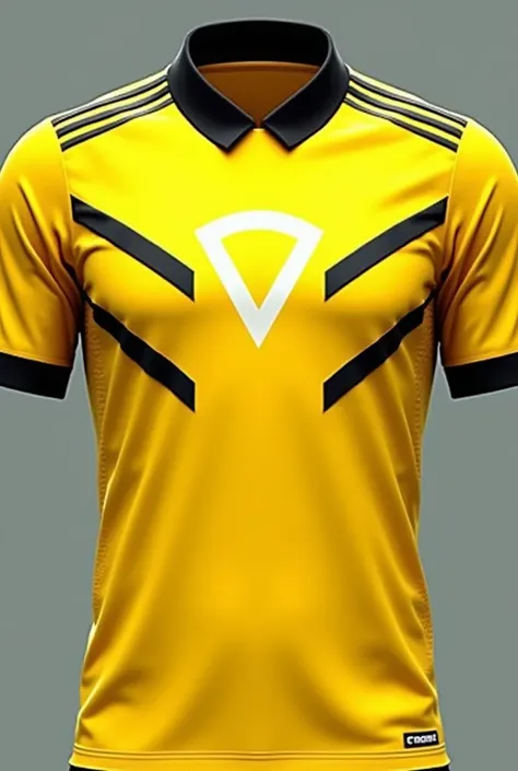 A yellow football shirt with black details on the collar, stripes with a white symbol in the middle of the chest, bringing a unique feature 