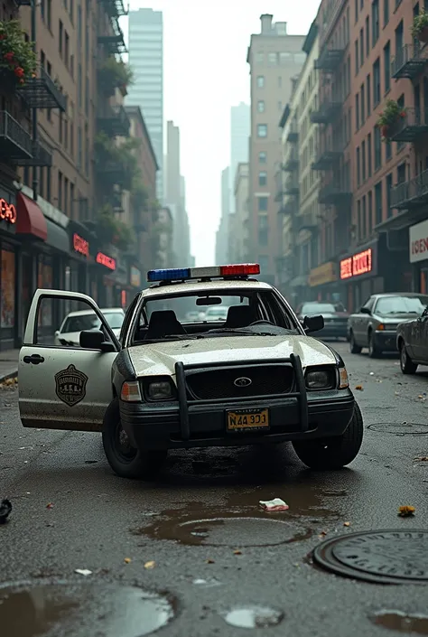 Make a ruined New York City street with a wrecked 90&#39;s black and white police vehicle with the doors open and a shotgun in the driver&#39;s seat, vehicles destroyed and burned, manhole covers on the street, shops burned by fire, the dirty street, shops...