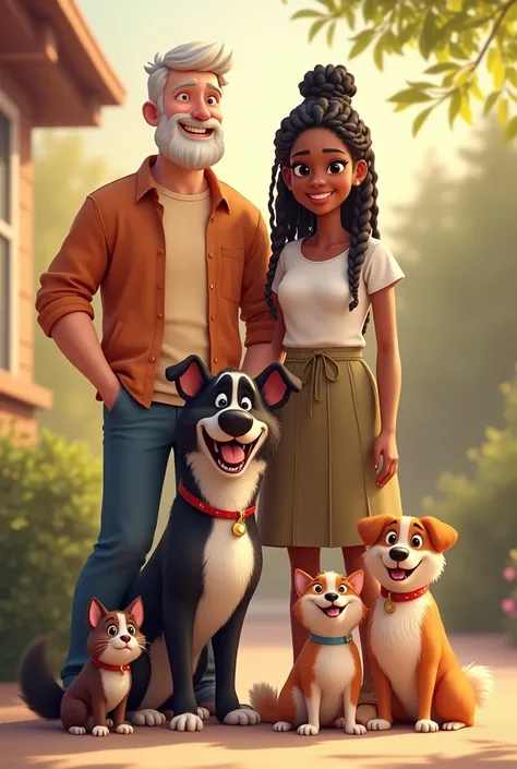 A cheerful family, with a medium-large black dog, a small brown mongrel dog, two tricolor cats, one with less hair and the other more hairy, a black woman with braids, and a tall, strong white man