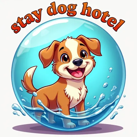 Happy dog ​​inside, a vibrantly colored water bubble, with the text "Stay Dog hotel," and at the bottom the text "One with Manager," cartoon style