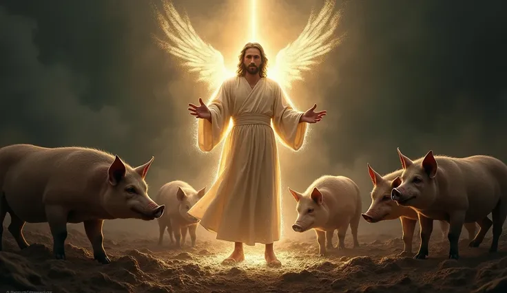 "A heavenly figure of Jesus handing pearls to his disciples, while in the background, pigs and dogs roam in a dark, muddy area, illustrating Jesus&#39; warning: &#39;Do not give the saint to the dogs, nor cast your pearls before swine.&#39;The light around...