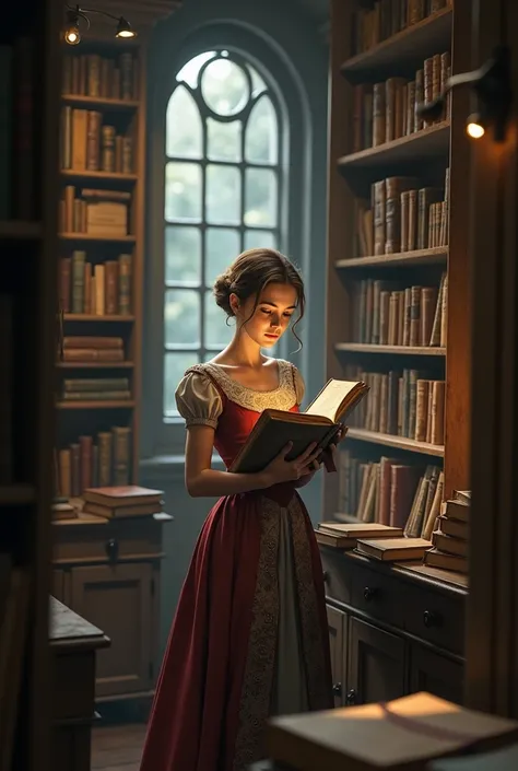 a bookstore called written stories , where a girl in a Victorian era dress is reading an ancient and mysterious book