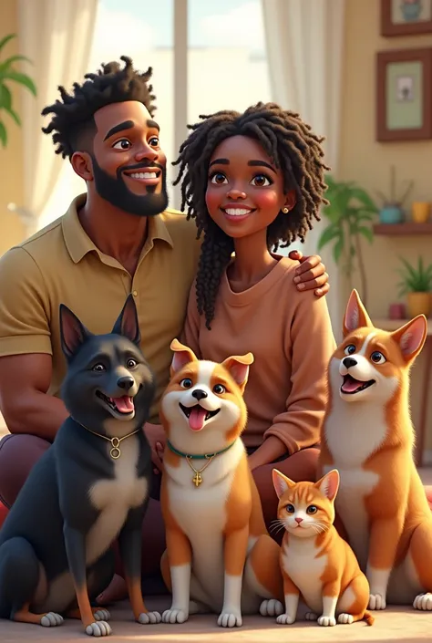 A cheerful family, with a medium-large black dog, a small brown mongrel dog, two tricolor cats, one with less fur and the other with more fur, a young black woman with braids, and a tall, strong young white man