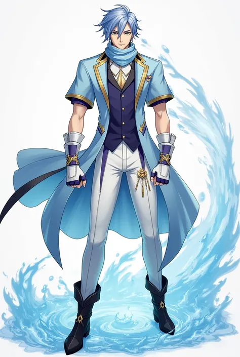 man
similar to kamisato ayato genshin impact
scarf and gloves like byakuya kuchiki bleach
he manipulates the water
wears a light blue suit with short-sleeved gold and purple details
black boots like alhaitham genshin impact
white pants with light blue deta...