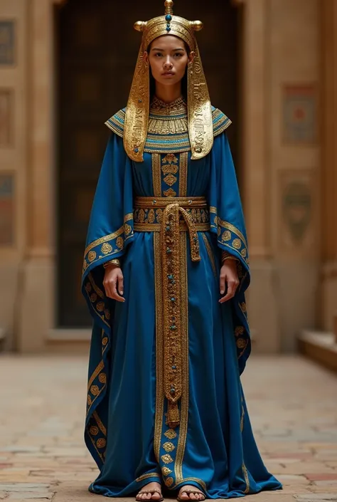 I was wearing a shimmering golden headdress adorned with lapis lazuli and carnelian beads. A royal blue kaftan, embroidered with intricate hieroglyphs and golden thread, flowed gracefully over my body. A wide, jeweled collar, crafted from turquoise and car...