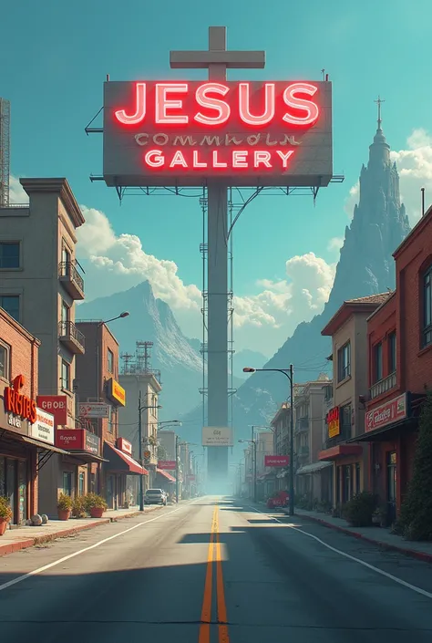 Generate a painting in which you have painted an endless street and in the background you can see a large sign that says "Jesus Commercial Gallery". In addition, next to the track there is a grocery store and a hotel., and on the other side, a construction...