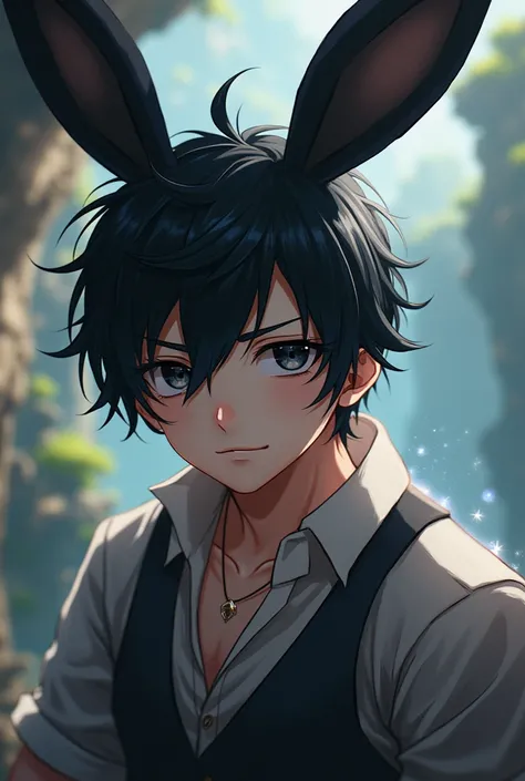 Physical appearance: +
Male character Short black hair, slightly incoming (hair up)
Unique feature:
black bunny ears (fantastic world of One Piece)
personality: +
adorable (with white skin and black eyes)
man