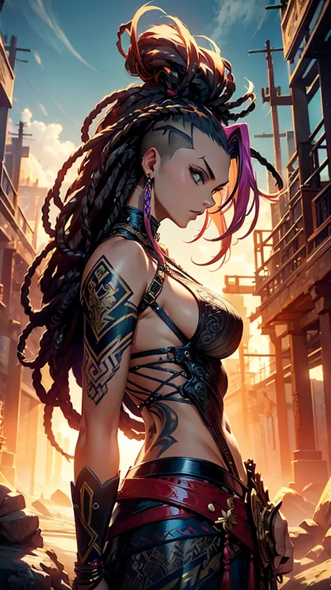 A beautiful anime-style warrior with an undercut hairstyle and dreadlocks, highly detailed, intricate, ornate, epic, cinematic, dramatic lighting, vivid colors, digital art, concept art, cinematic composition, award-winning, masterpiece,side view, light ey...