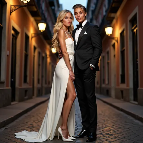 Here’s a detailed prompt for your scene:

"A blonde woman and David Beckham pose together on a Madrid street during an evening in a sophisticated and intimate embrace. Beckham, dressed in a sharp, tailored black tuxedo with a crisp white shirt and black bo...