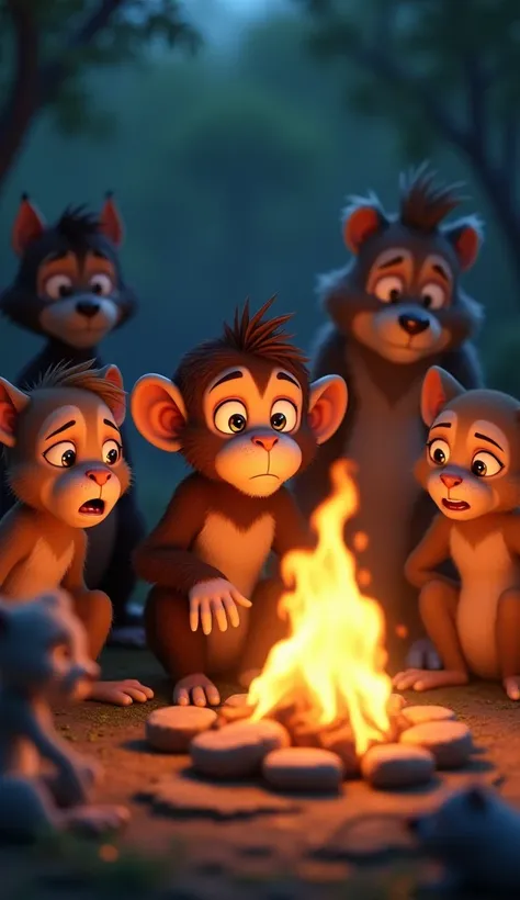 Animals cry: Several animals gathered together, including the monkey, looking at the fire with expressions of despair and sadness. Disney Pixar