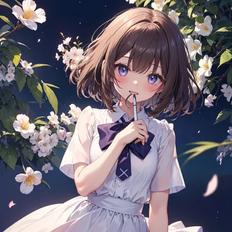 (Best Quality、8k、masterpiece))、((One girl))、((cute))、A big smile、Blushing、Mouth open、Brown Hair、Short Bob Hair、Ultra detailed face、Ultra-detailed eyes、Ultra detailed hair、Short sleeve collared shirt、Purple bow tie、White Skirt、Cosmos、Cosmos畑