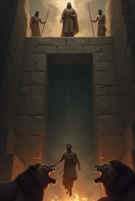 A dramatic scene of Daniel being lowered into the lions den. The atmosphere is tense, with guards looking on from above, and the large stone entrance of the den in the background.