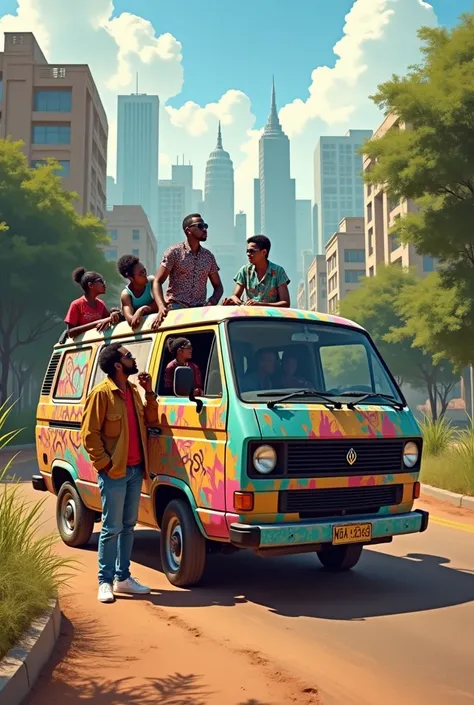 Black men and ladies dressed for road trip clothes qeue to embark in a vehicle inside nairobi town show buildings in nairobi show cool graffited van
now show same van on the move along dirty road in a park with occupants heads outside the window