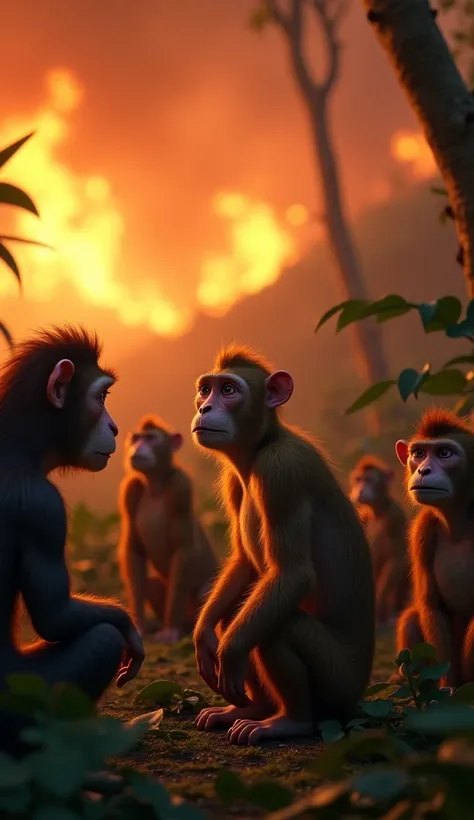  Several animals gathered together, including the monkey, looking at the fire in the Amazon rainforest with expressions of despair and sadness. Disney Pixar