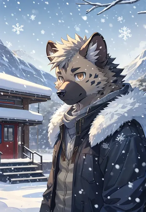 masterpiece, best quality, perfect anatomy, bright eyes, watery eyes, kemono, furry, hyena, (felis:0.25), male, solo,winter clothing, gentle, looking at the horizon, train station, snow, (snowflake:O.9), grey sky, snowing, snowy mountain, (foa:O.4), detail...