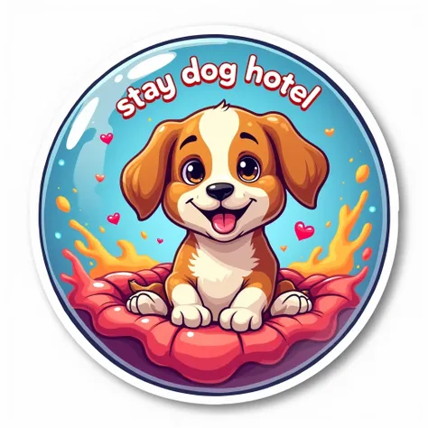 Happy dog ​​inside, a vibrant colored liquid bubble, with the text "Stay Dog hotel", and at the bottom the text "One with Manager", cartoon style, white sticker background, LOGIN ICON.