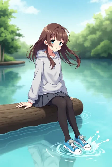 Anime girl, brown hair, sidetails, light grey hoodie, dark grey skirt, black pantyhose, sky blue and white Basketball shoes, sitting on log in clear river, splashing water, soaking one feet in ankle deep water 