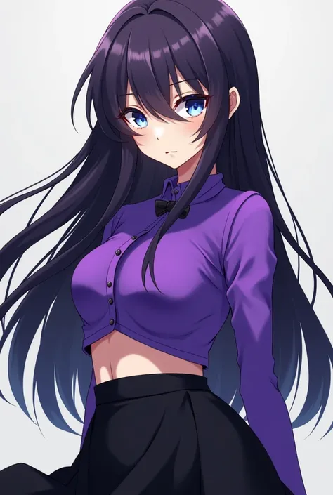 A woman with dark purple hair, snow-colored eyes, wearing a purple crop top and a black skirt, anime style