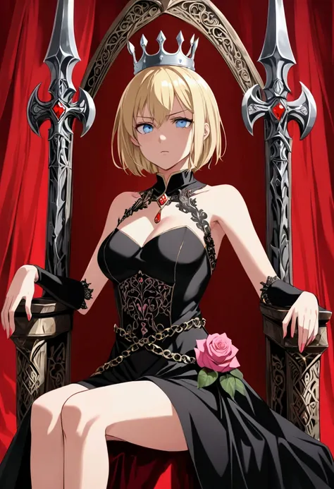 best quality: Bullish), (super high resolution: Bullish), anime girl, very short blonde hair, light blue eyes, long black dress, wearing a crown with pink roses, sitting on a throne of blood axe bones, She had an expression of disgust as she looked at a hu...