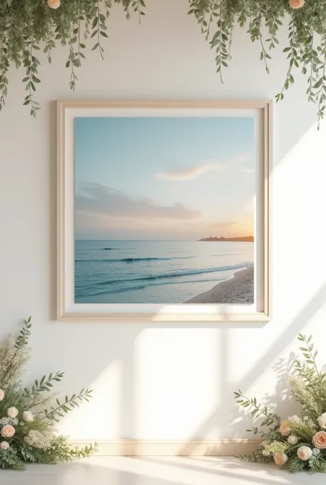 Imagine a square wall 3 meters wide and high, perfectly white, creating a soft and elegant background. In the center of the wall, there is a large square frame that houses an image that evokes the delicacy and celebration of a wedding. The image could be o...