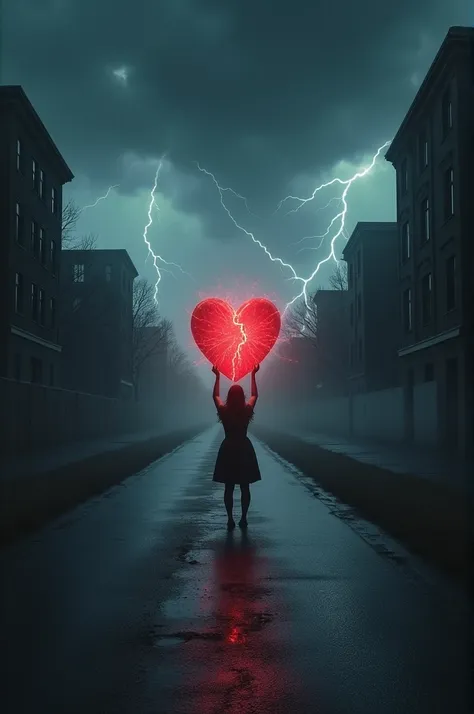 Une femme se tient seule au milieu dune route sombre, sous une pluie battante. Le ciel est noir et menaçant à cause dune tempête, avec de puissants éclairs qui illuminent brièvement lhorizon. Dans ses mains, elle tient un cœur, vibrant dune énergie intense...