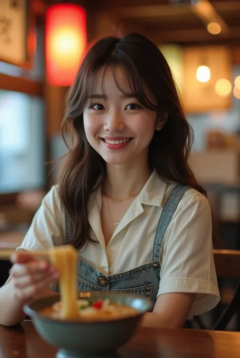 Realistic photo of (1cute Korean actress), short skirt, in ramen shop, smiling, clear facial features, close up portrait, cinematic mode, 8K