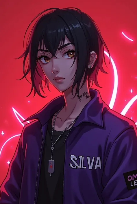 YouTube style male character, black straight hair, brown eye, neck tattoo, purple jacket with name "Silva" red gamer background.