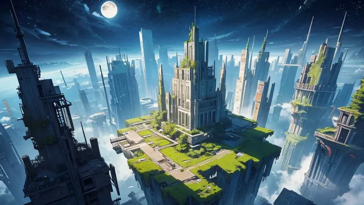 Make an anime style RPG scenario seen from above. The setting should be on the moon with an open space with abandoned futuristic buildings full of vines and moss..