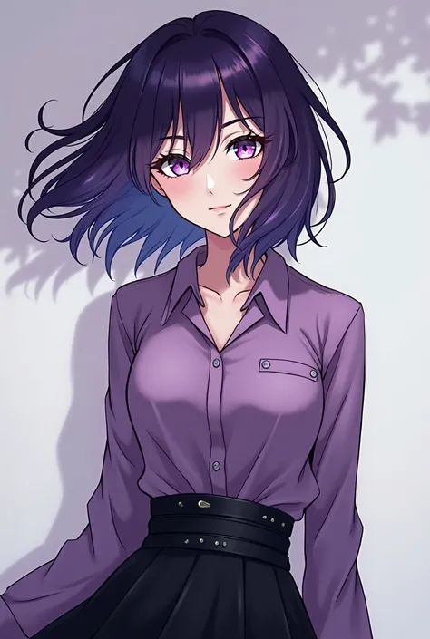 A woman with dark purple hair, pearl colored eyes, wearing a purple blouse and a black skirt, anime style