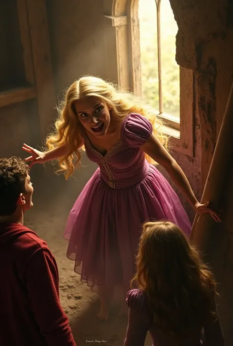 Characters: Mother Gothel, Rapunzel, Flynn Rider
Shot: Dynamic, high angle as Gothel falls.
Mother Gothel, now aged and weakened, stumbles backward toward the tower window as the magic from Rapunzel’s hair fades. Her expression is one of shock.