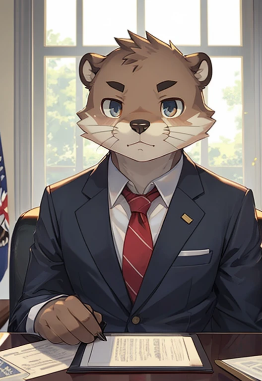 masterpiece, best quality, perfect anatomy, bright eyes, watery eyes, kemono, furry, otter, male, solo, business clothing, neutral, looking at the horizon, presidential office, detailed eyes, naughty facial expression