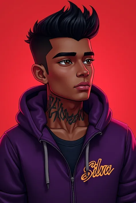 Brown skin male character, YouTube style, black gradient hair, brown eye, neck tattoo, purple jacket with name "Silva" red gamer background.