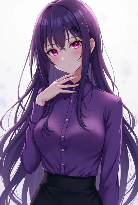 A woman with long, dark purple hair, pearl colored eyes, wearing a purple blouse and a black skirt, anime style