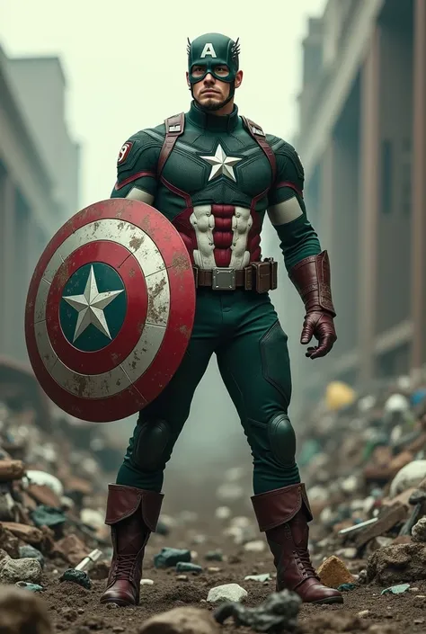 Captain America in a green and white suit and on his shield, remove the star from the shield and the initials 3R appear. in an environment full of garbage
