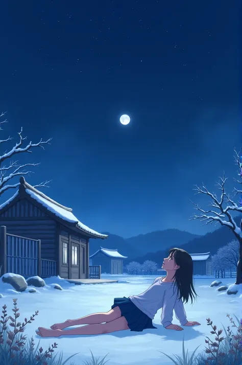 Imagine a peaceful night with sky so bright an exterior like a Korean house little fall of snow !!! Plants have the few in the foreground . A girl lying & looking into this stars 