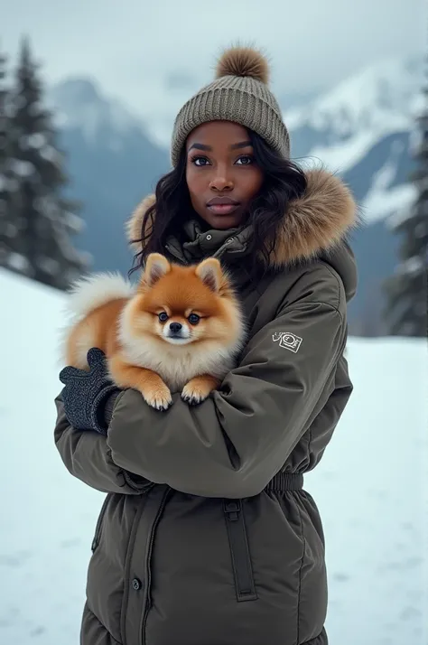 A dark-skinned woman on ski slope with Pomeranian in her hand 